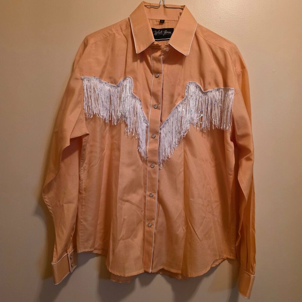 White Horse Western w/Fringe Snap Front Long Sleeve Shirt L